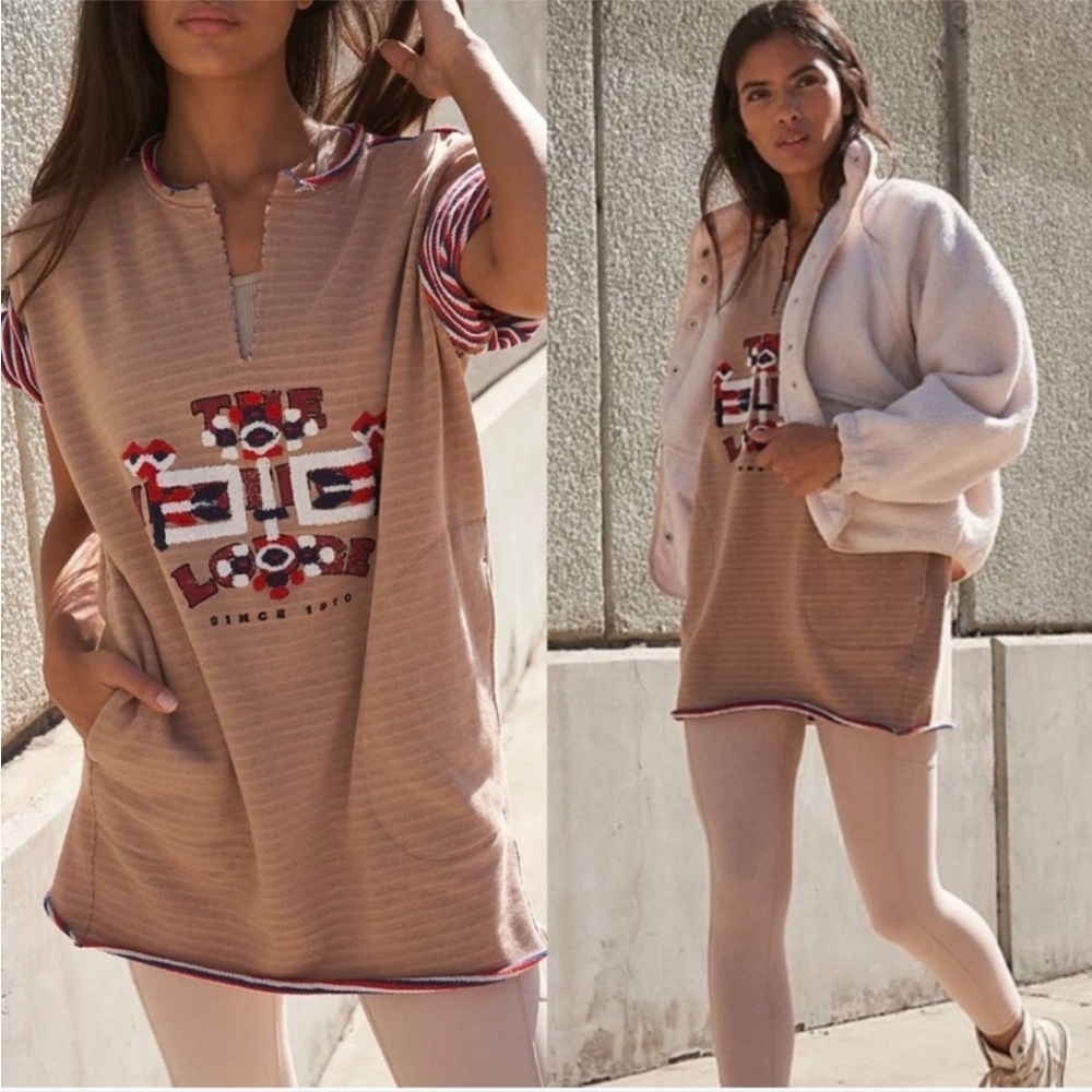 Free People Tan and Red Short Sleeve repurposed Tee